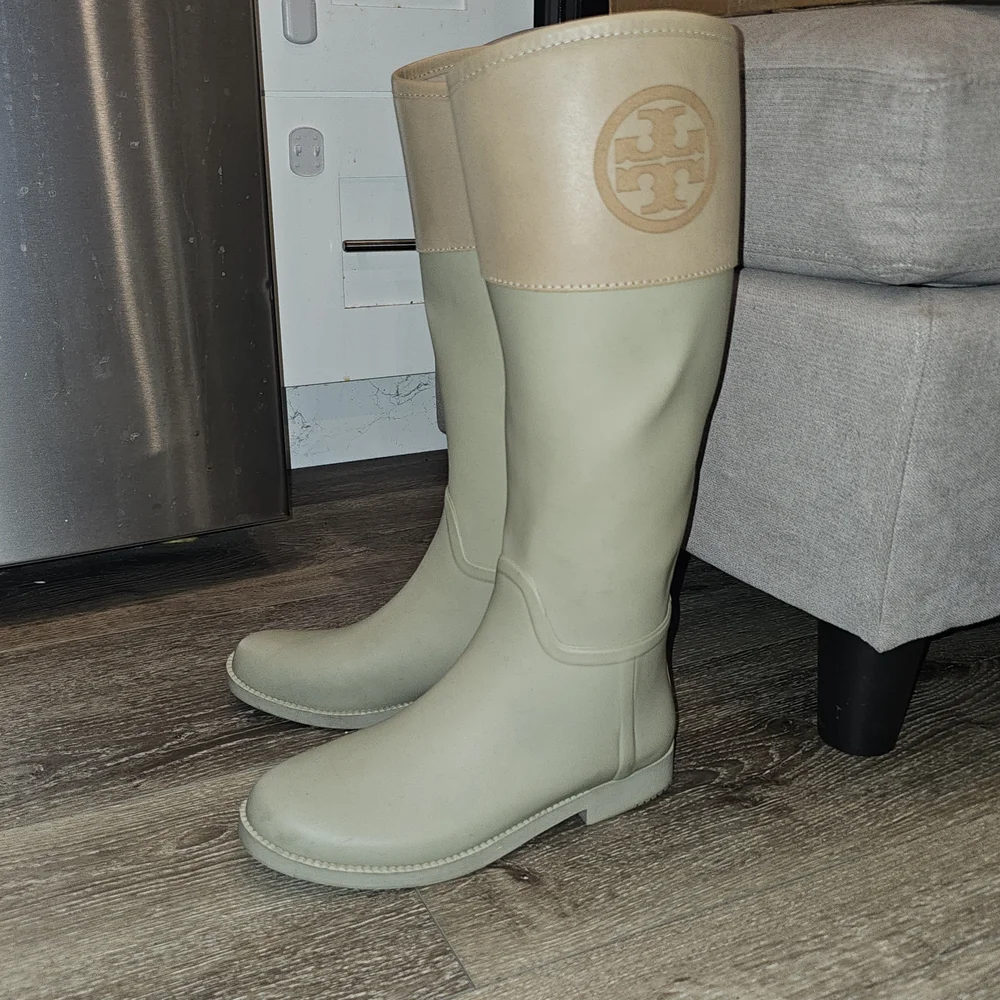 TORY BURCH Gray & Tan Over the Knee Rain Boots Grey